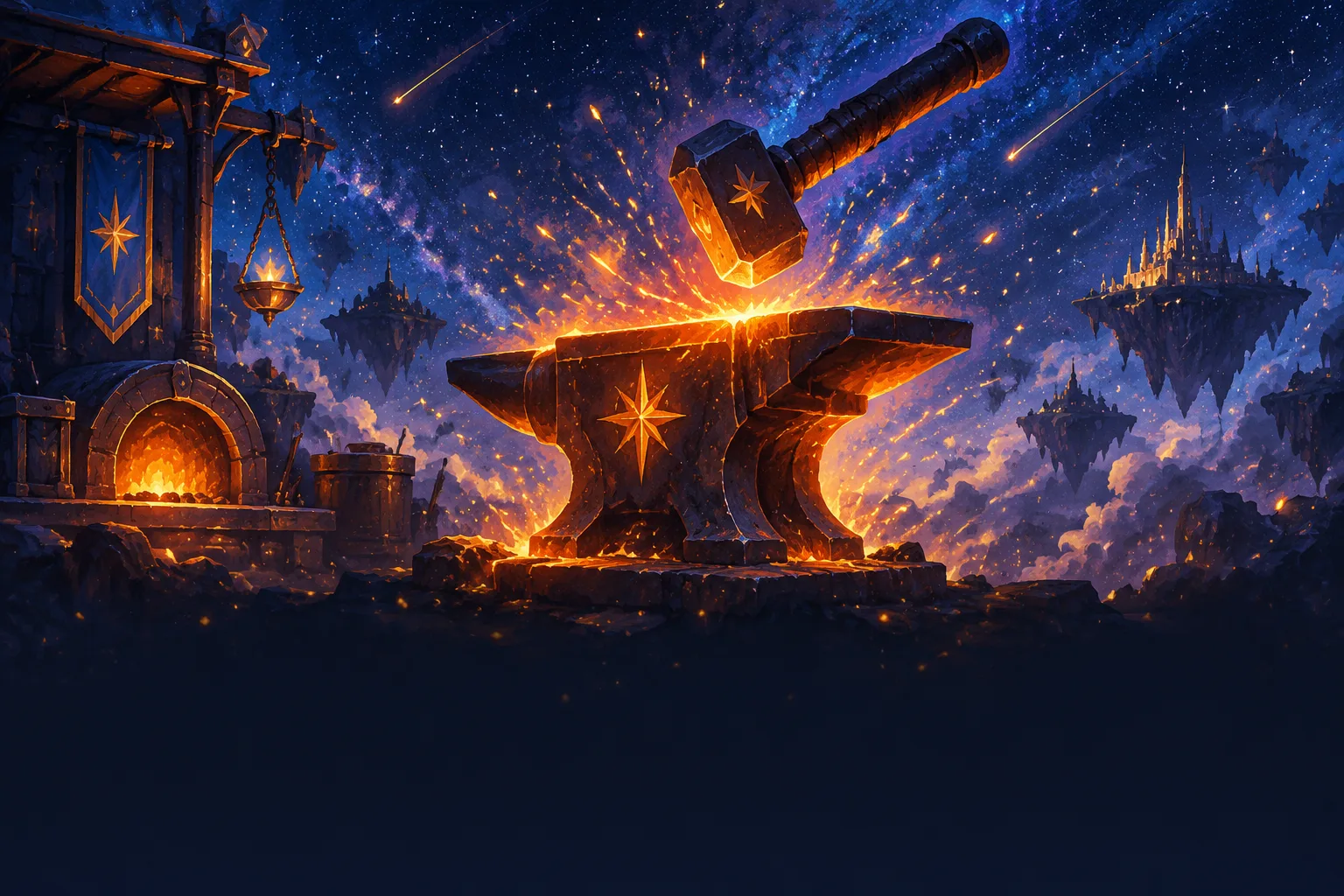 Painterly celestial forge at night