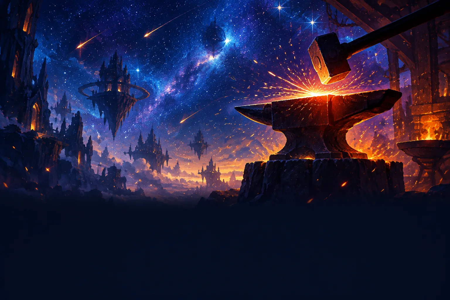 Painterly celestial forge scene
