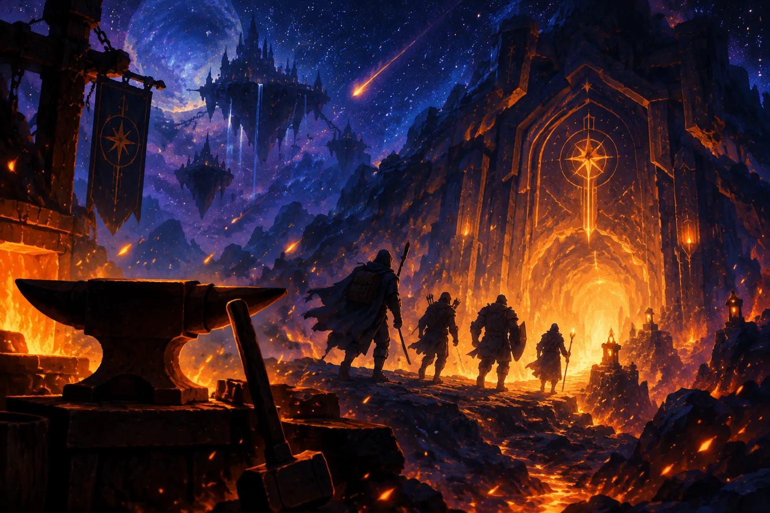 Painterly celestial forge scene