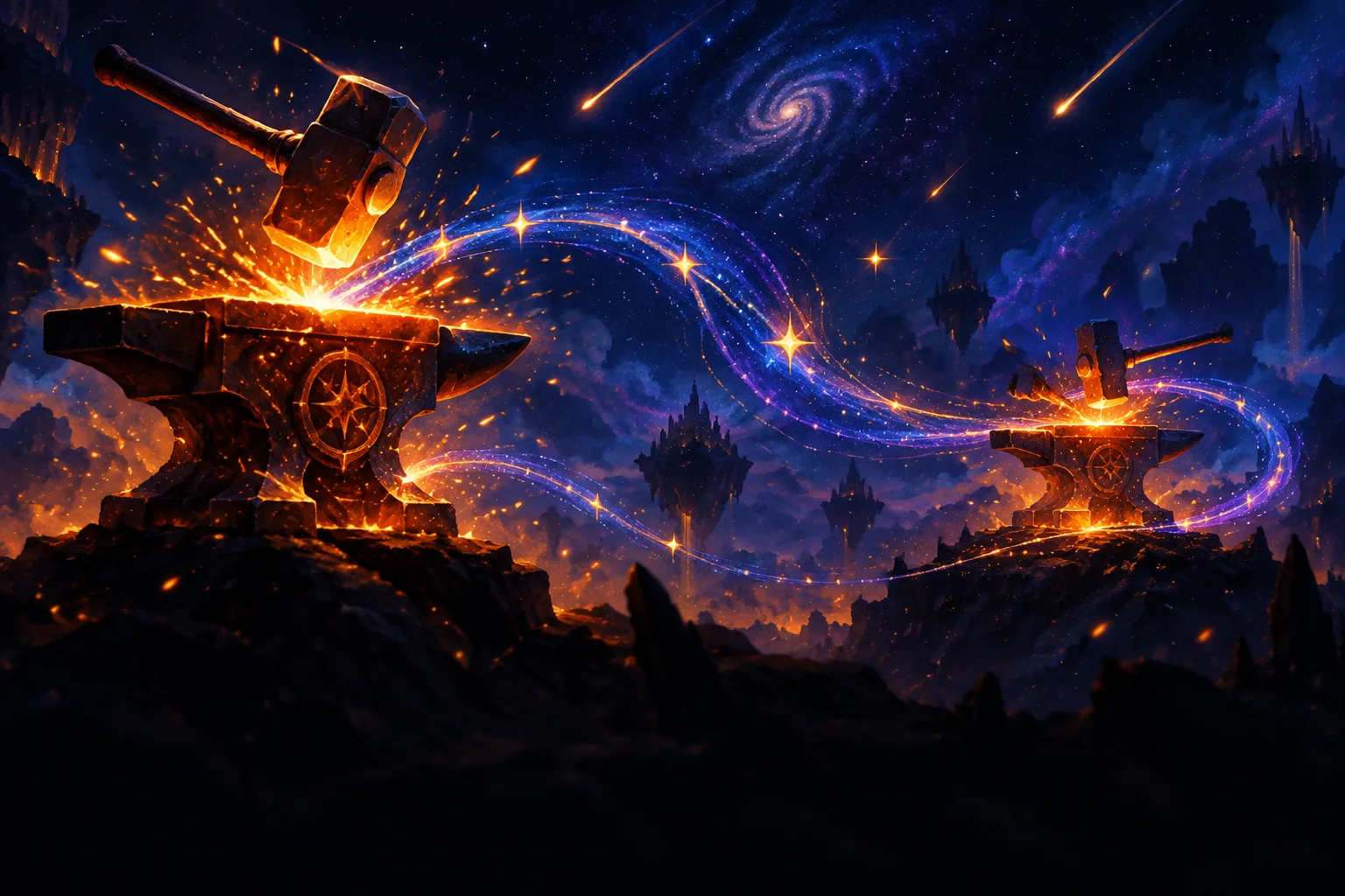 Painterly celestial forge scene: two glowing anvils connected by indigo star paths