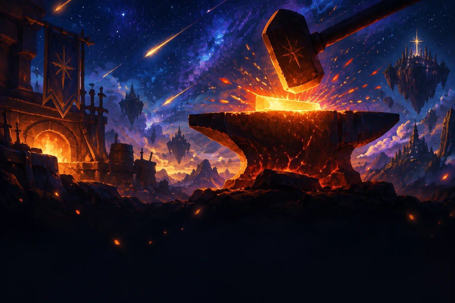 Painterly celestial forge scene: glowing anvil and hammer silhouette