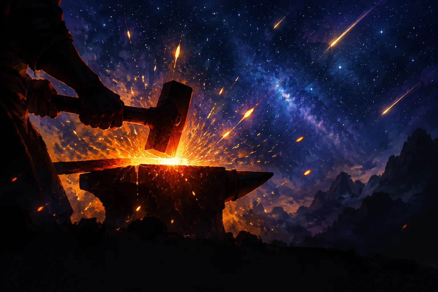 Painterly celestial forge scene: silhouetted blacksmith hands striking an anvil