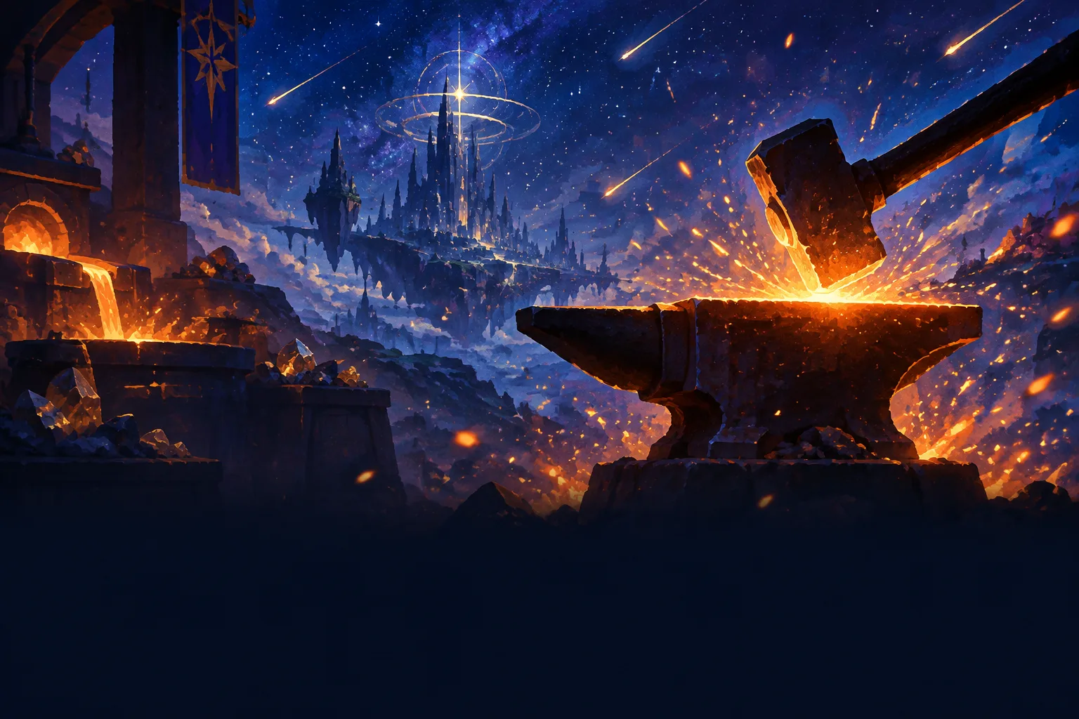 Painterly celestial forge scene