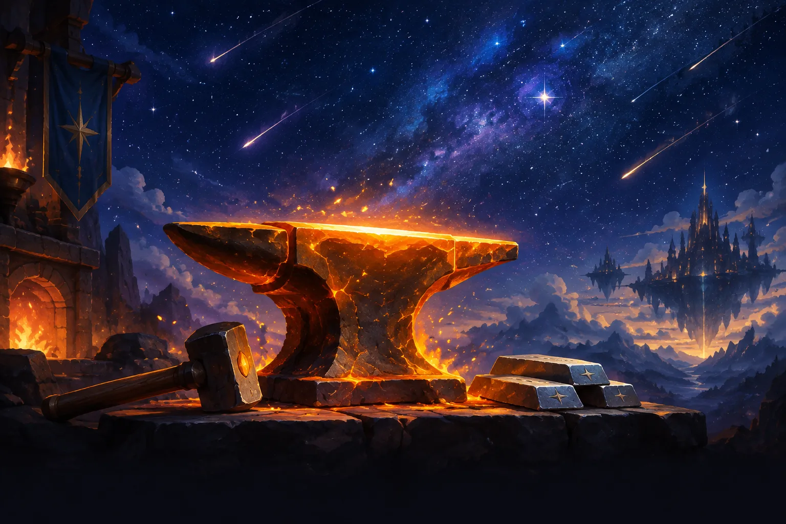 Painterly celestial forge scene